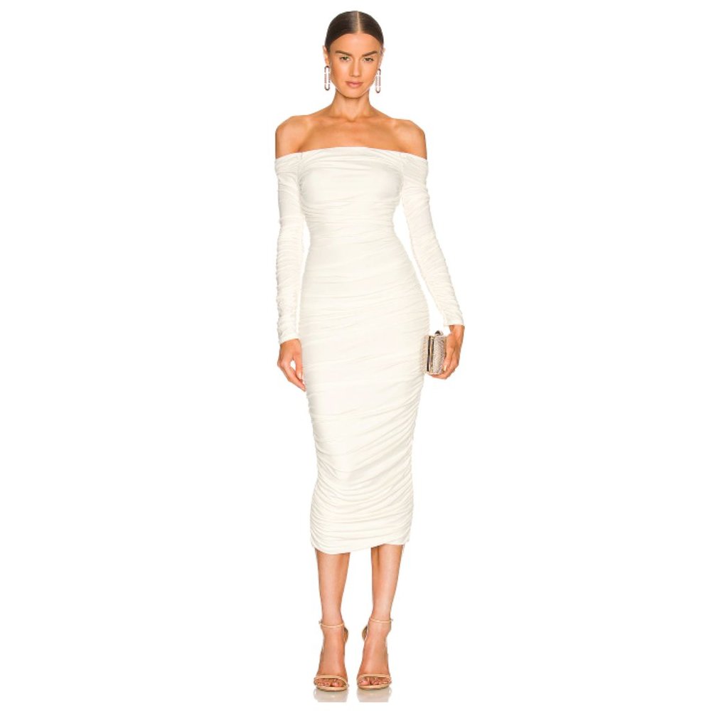 RONNY KOBO Rory Ruched Midi Dress in Pearled Ivory Size Medium